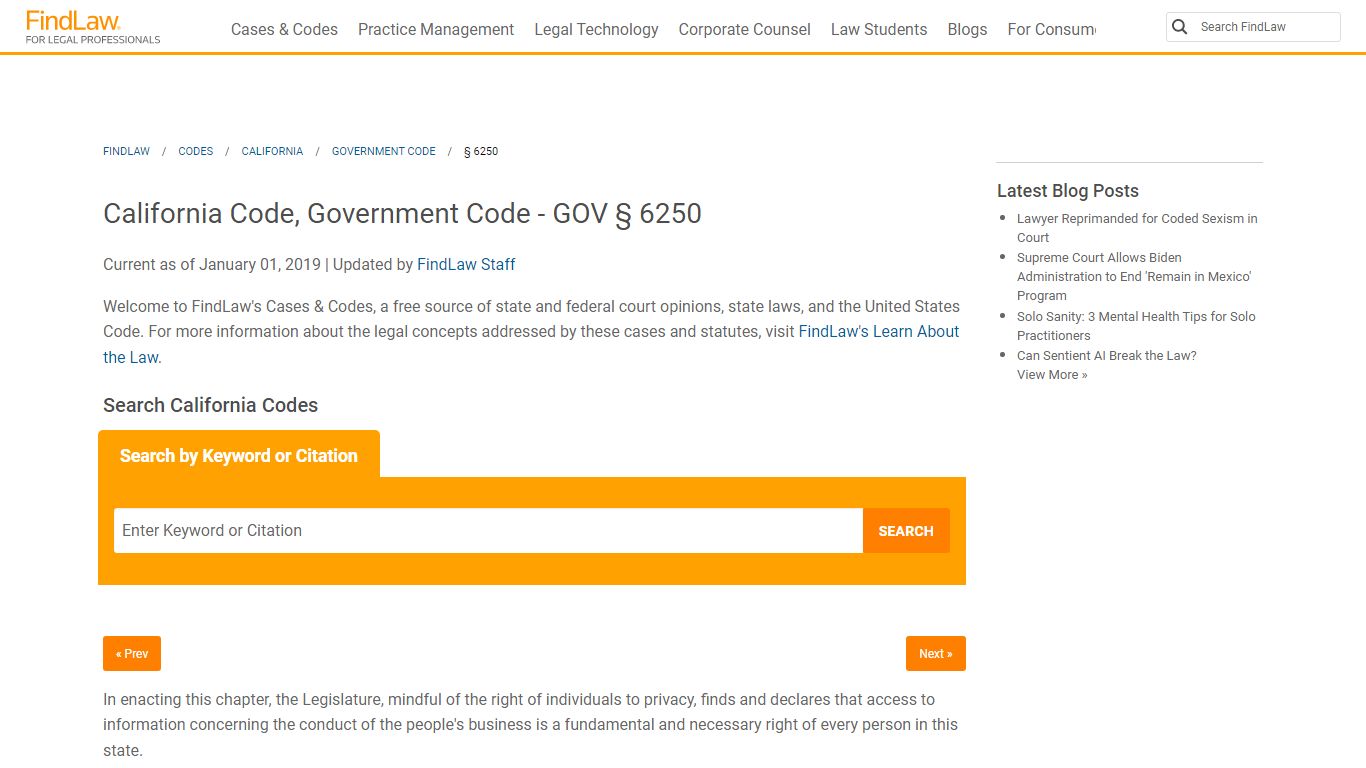California Code, Government Code - GOV § 6250 | FindLaw